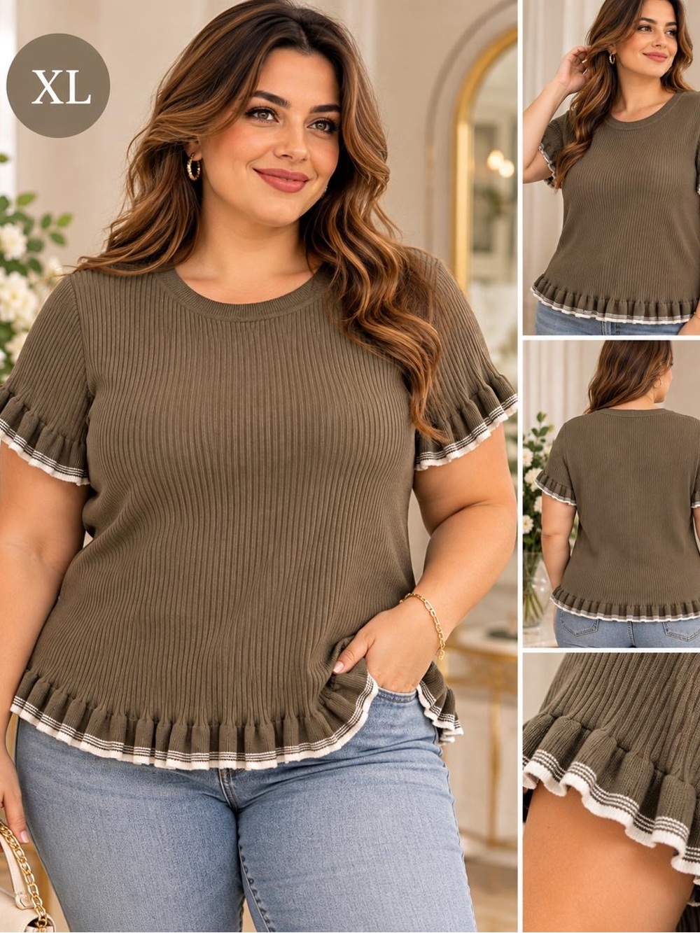 Anne Klein Olive Ribbed Short-Sleeve Top with Ruffle Trim - XL